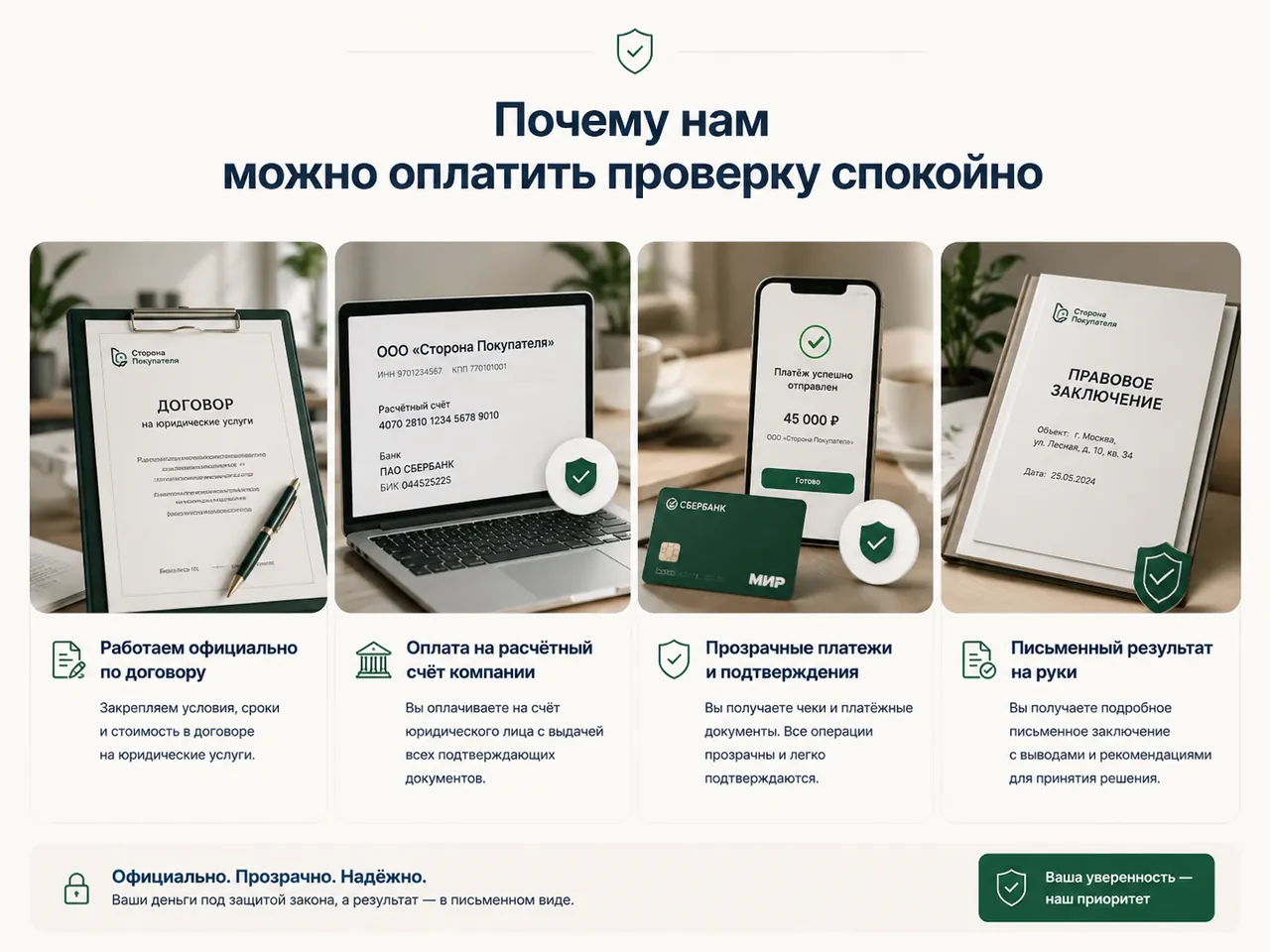 Официальный договор, оплата на расчётный счёт и письменное заключение