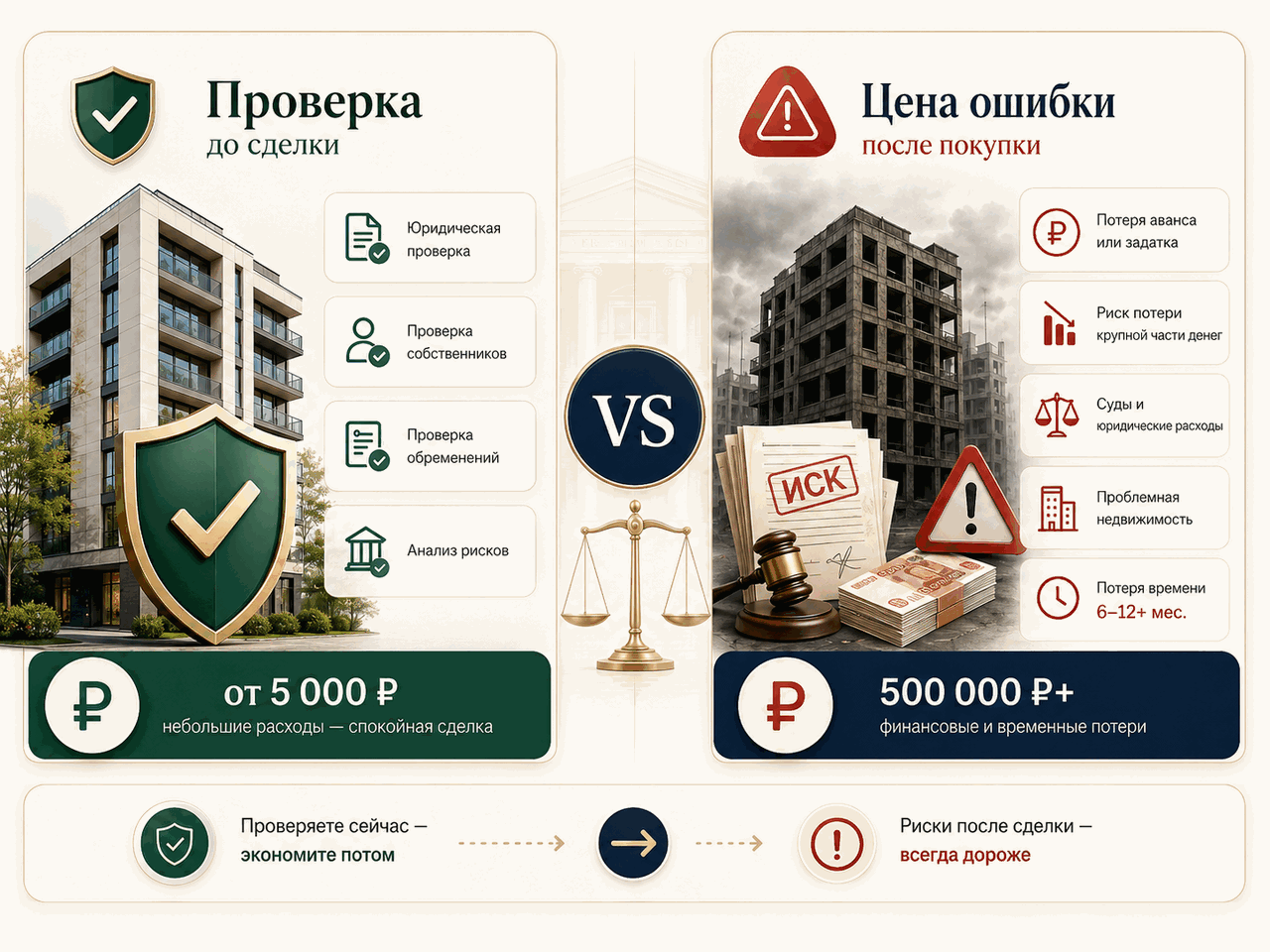 Сравнение проверки недвижимости до сделки и возможных потерь после ошибки при покупке