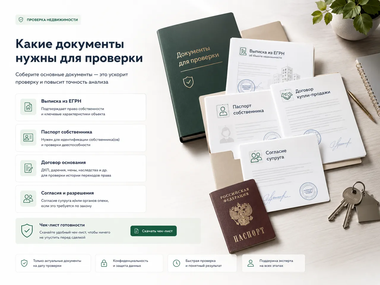 Документы для проверки: выписка из ЕГРН, паспорт, договор купли-продажи, согласие супруга