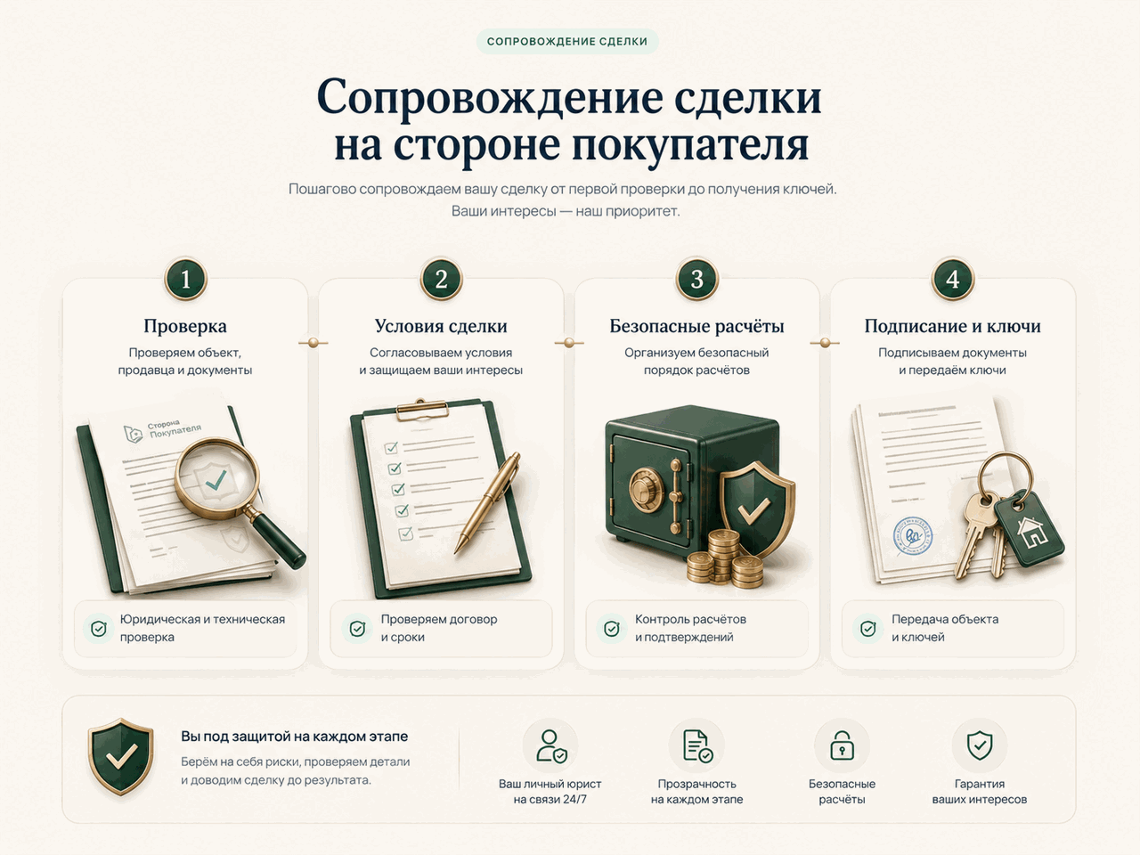 Этапы сопровождения сделки на стороне покупателя: проверка, условия сделки, безопасные расчёты, подписание и ключи